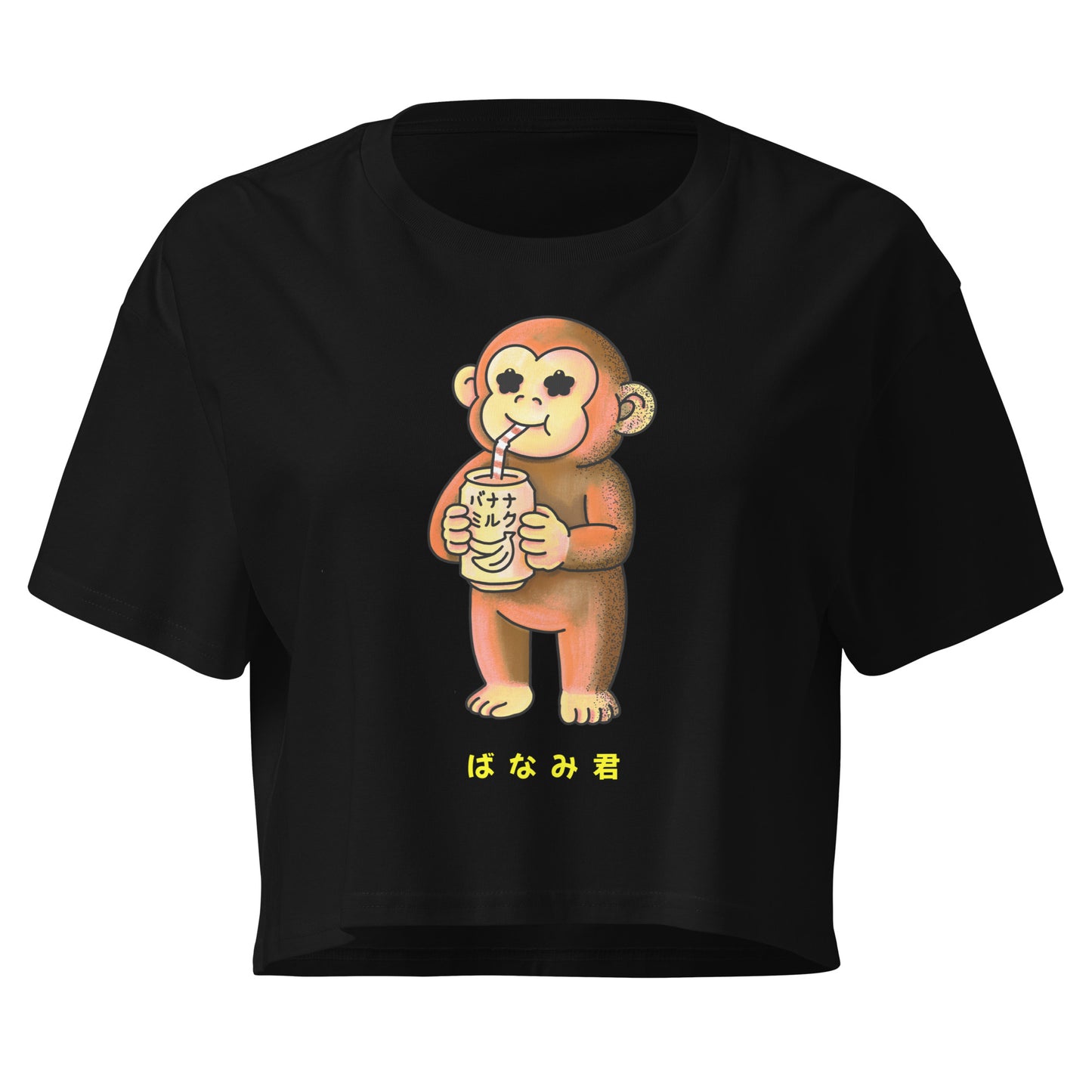 Cute Banami-kun crop top featuring a playful monkey drinking banana milk, JapPop character design on a soft cropped t-shirt