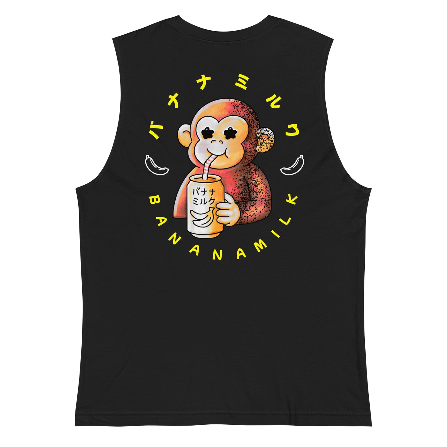 Tank top featuring a cute monkey drinking banana milk in a playful JapPop style illustration.