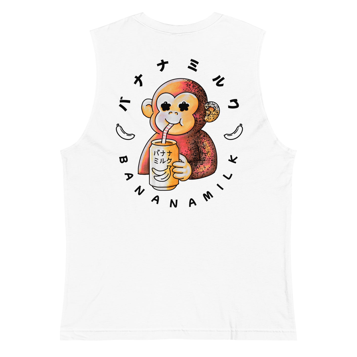 Tank top featuring a cute monkey drinking banana milk in a playful JapPop style illustration.