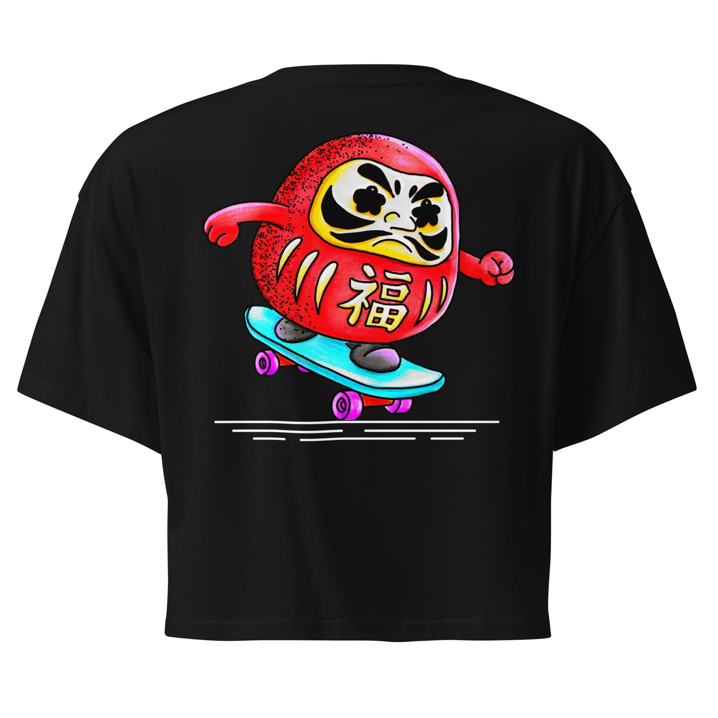 Japanese-inspired crop top featuring Daruma Skater, a playful Daruma doll riding a skateboard inspired by Japanese culture and perseverance.
