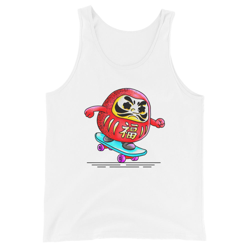 Japanese-inspired tank top featuring Daruma Skater, a playful Daruma doll riding a skateboard inspired by Japanese culture and determination.