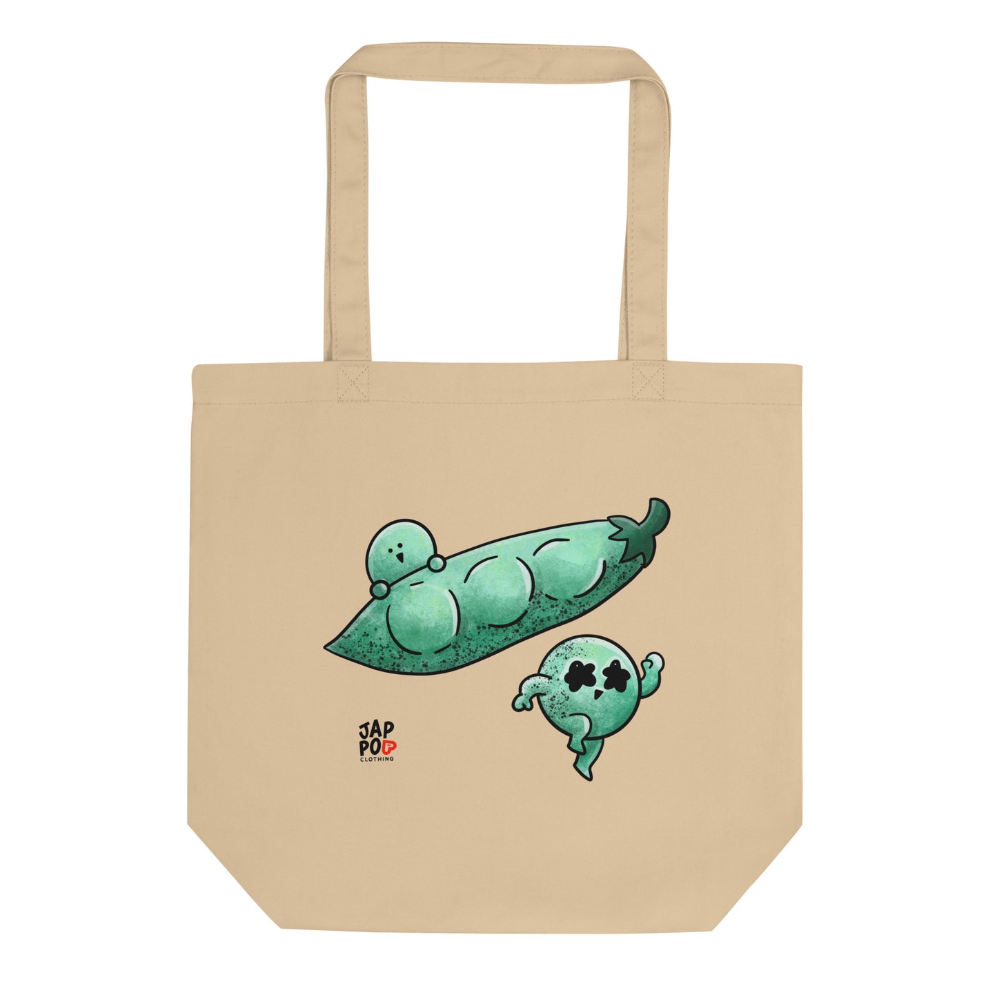 Eco tote bag featuring a whimsical edamame pod illustration with flowing vines.