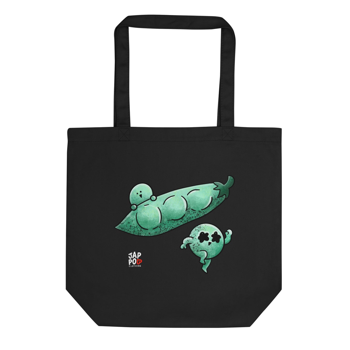 Eco tote bag featuring a whimsical edamame pod illustration with flowing vines.