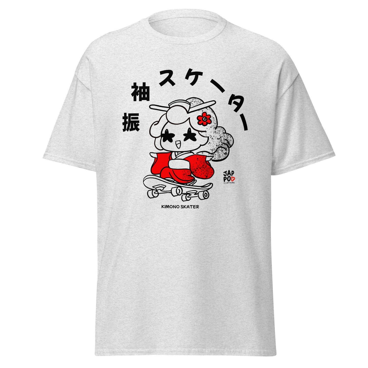 A JapPop illustration of a skateboarder wearing a flowing Japanese kimono, printed on a unisex T-shirt, blending traditional culture with modern street style.
