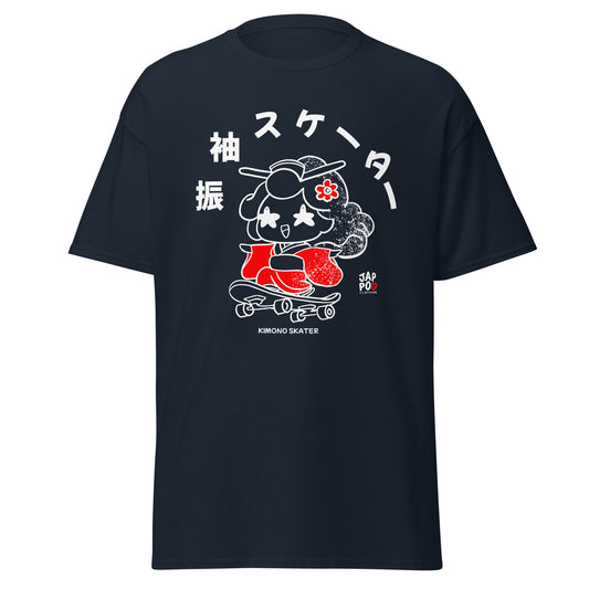 A JapPop illustration of a skateboarder wearing a flowing Japanese kimono, printed on a unisex T-shirt, blending traditional culture with modern street style.