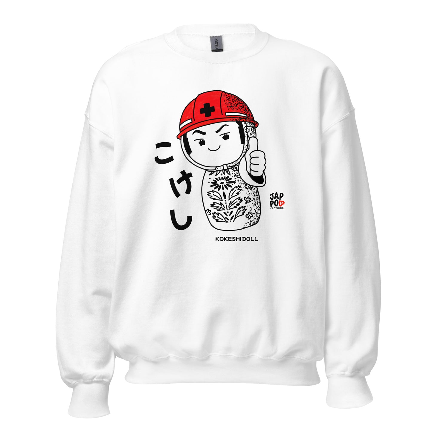 JapPop sweatshirt with a Japanese Kokeshi doll wearing a helmet, blending traditional folk art with gentle humor