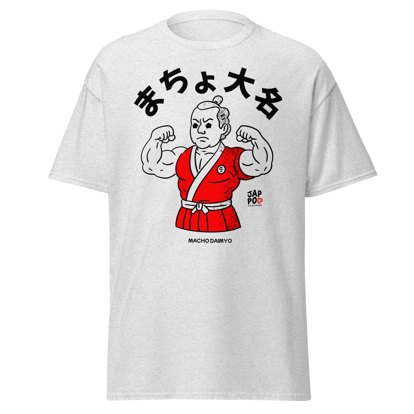 Unisex graphic t-shirt featuring Macho Daimyo, a muscular feudal Japanese lord with a traditional topknot in JapPop style