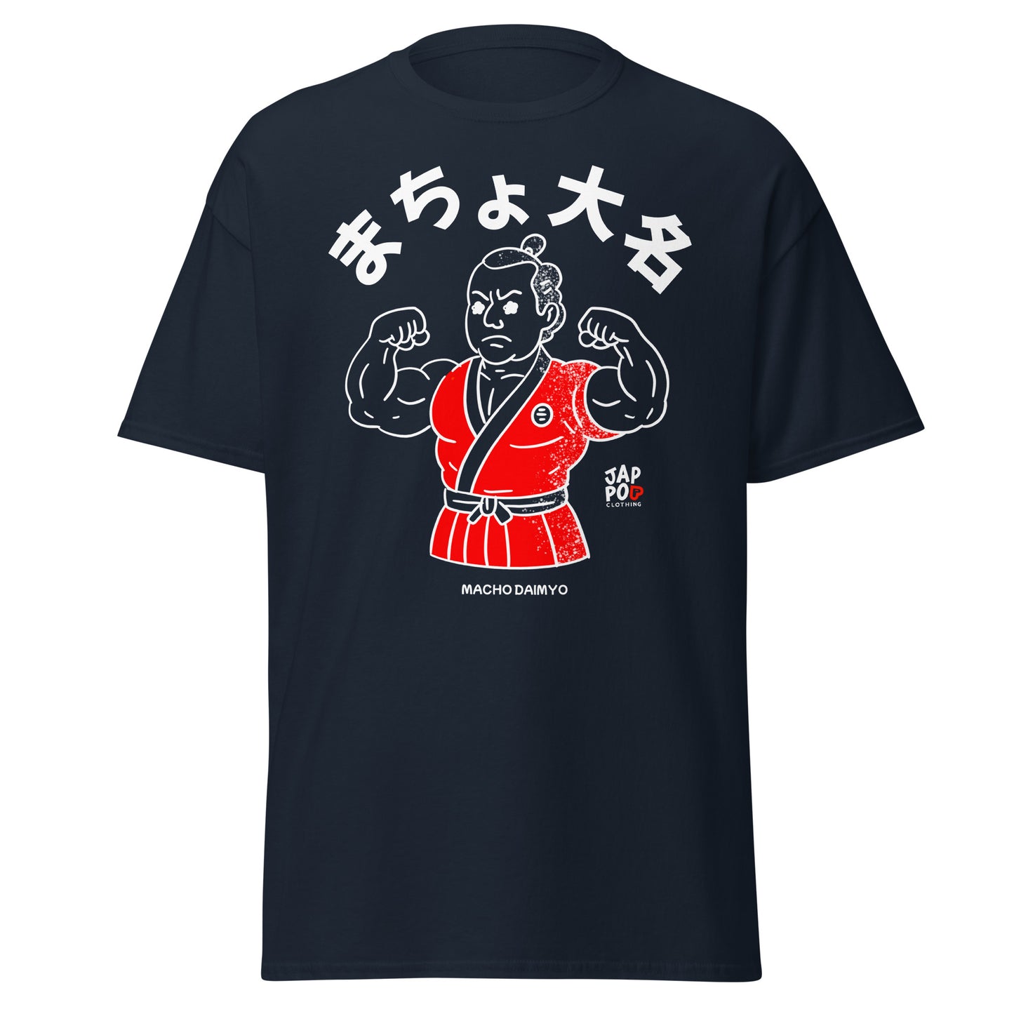 Unisex graphic t-shirt featuring Macho Daimyo, a muscular feudal Japanese lord with a traditional topknot in JapPop style