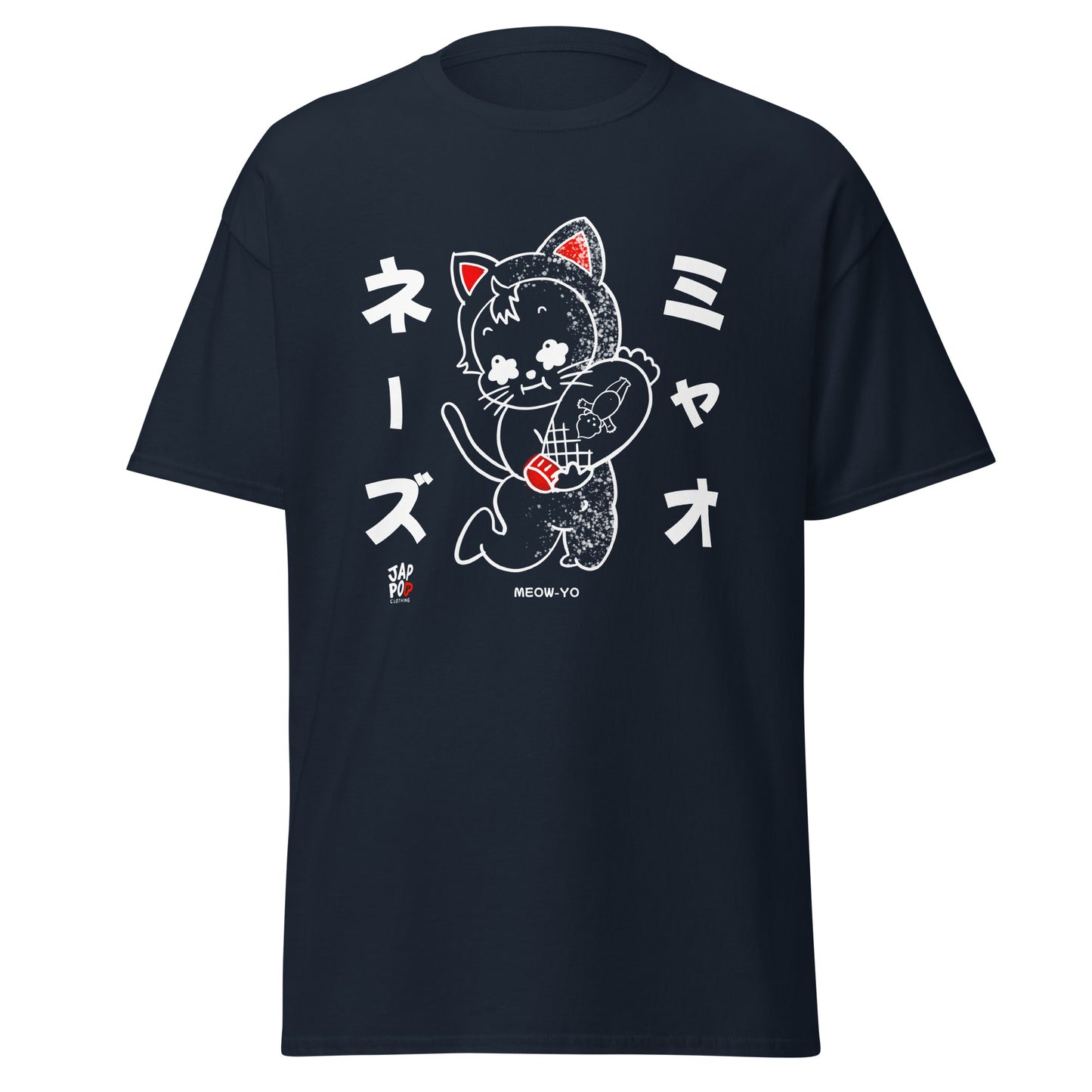 Meow-Yo unisex classic tee featuring a Japanese cat and mayonnaise wordplay illustration