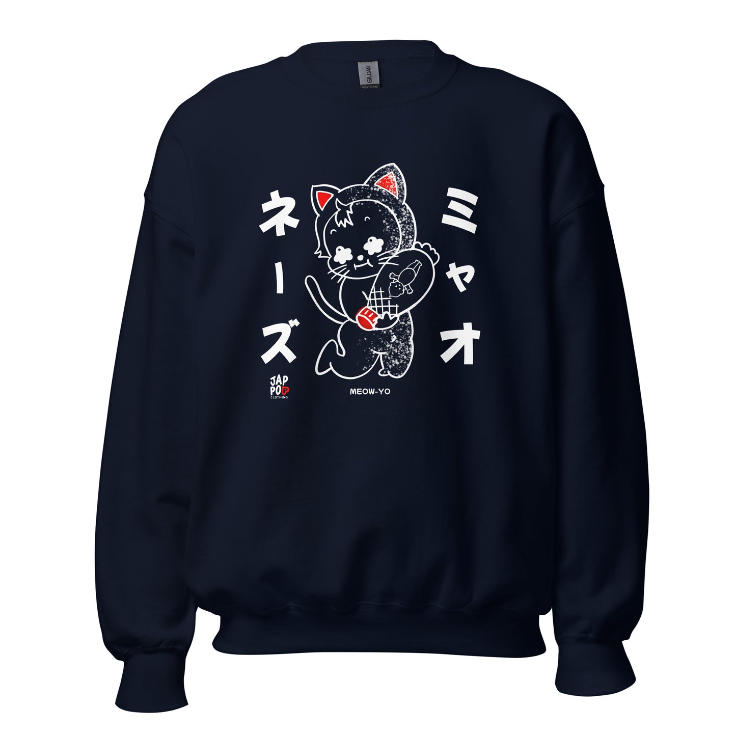 Meow-Yo unisex sweatshirt featuring a Japanese cat and mayonnaise wordplay illustration