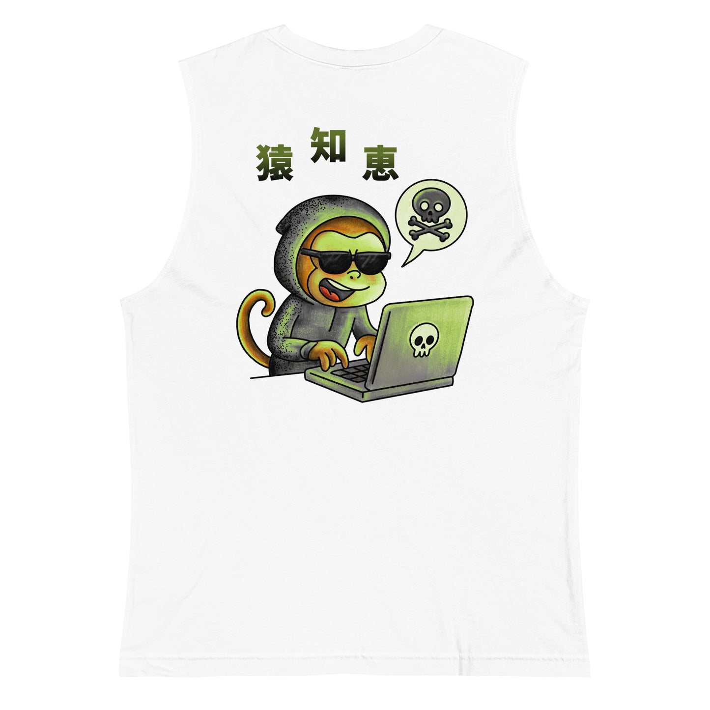Monkey Smarts 猿知恵 tank top featuring a playful monkey illustration inspired by Japanese wordplay and JapPop streetwear style.