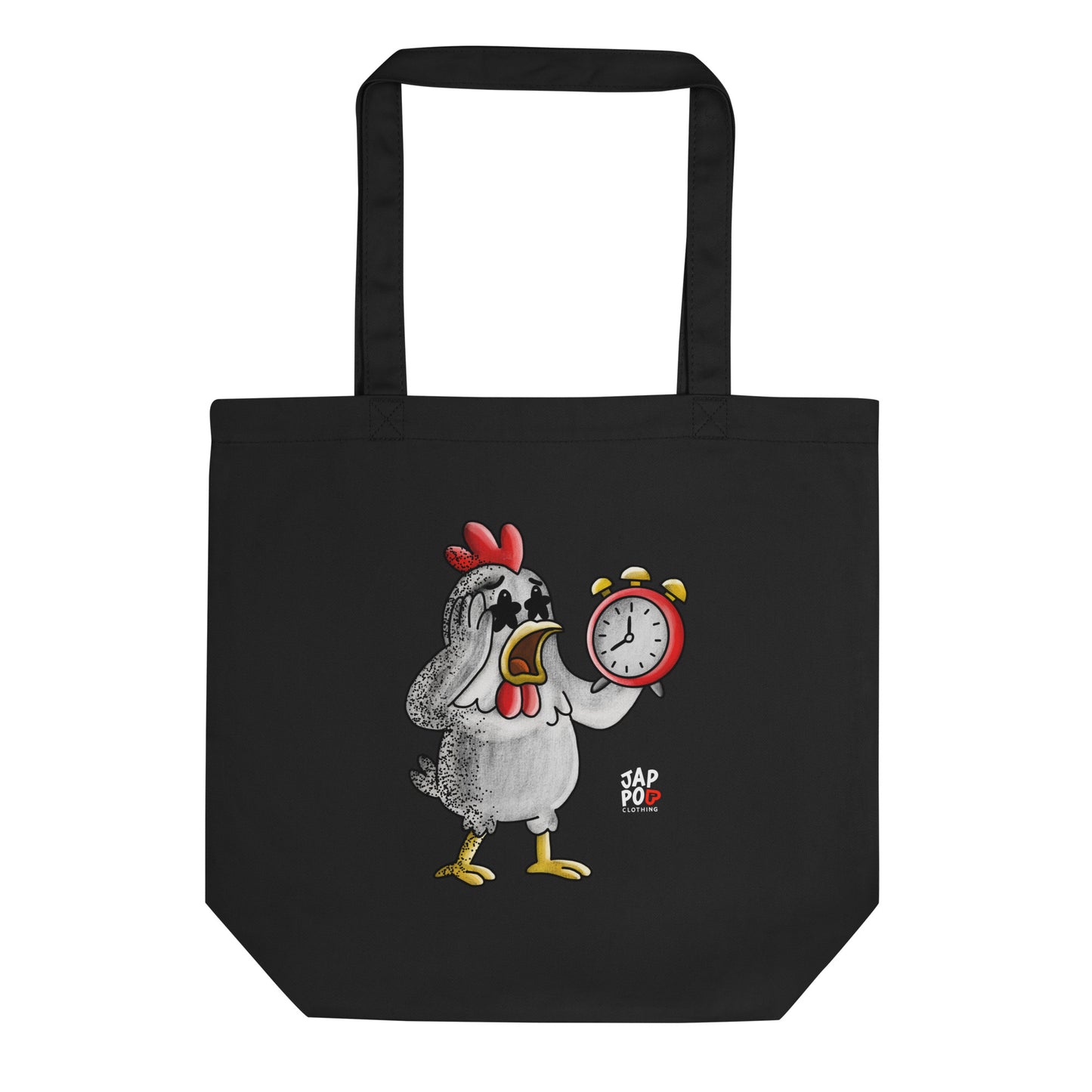 Eco tote bag featuring a sleepy rooster illustration inspired by the Japanese word 寝坊.