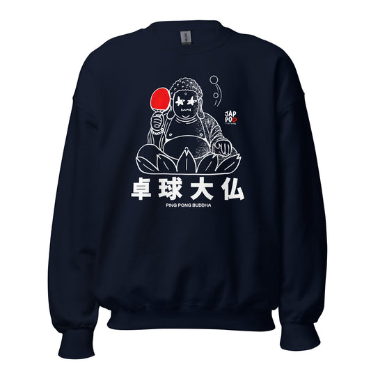 Unisex sweatshirt featuring a playful Daibutsu Buddha playing ping pong with zen energy.