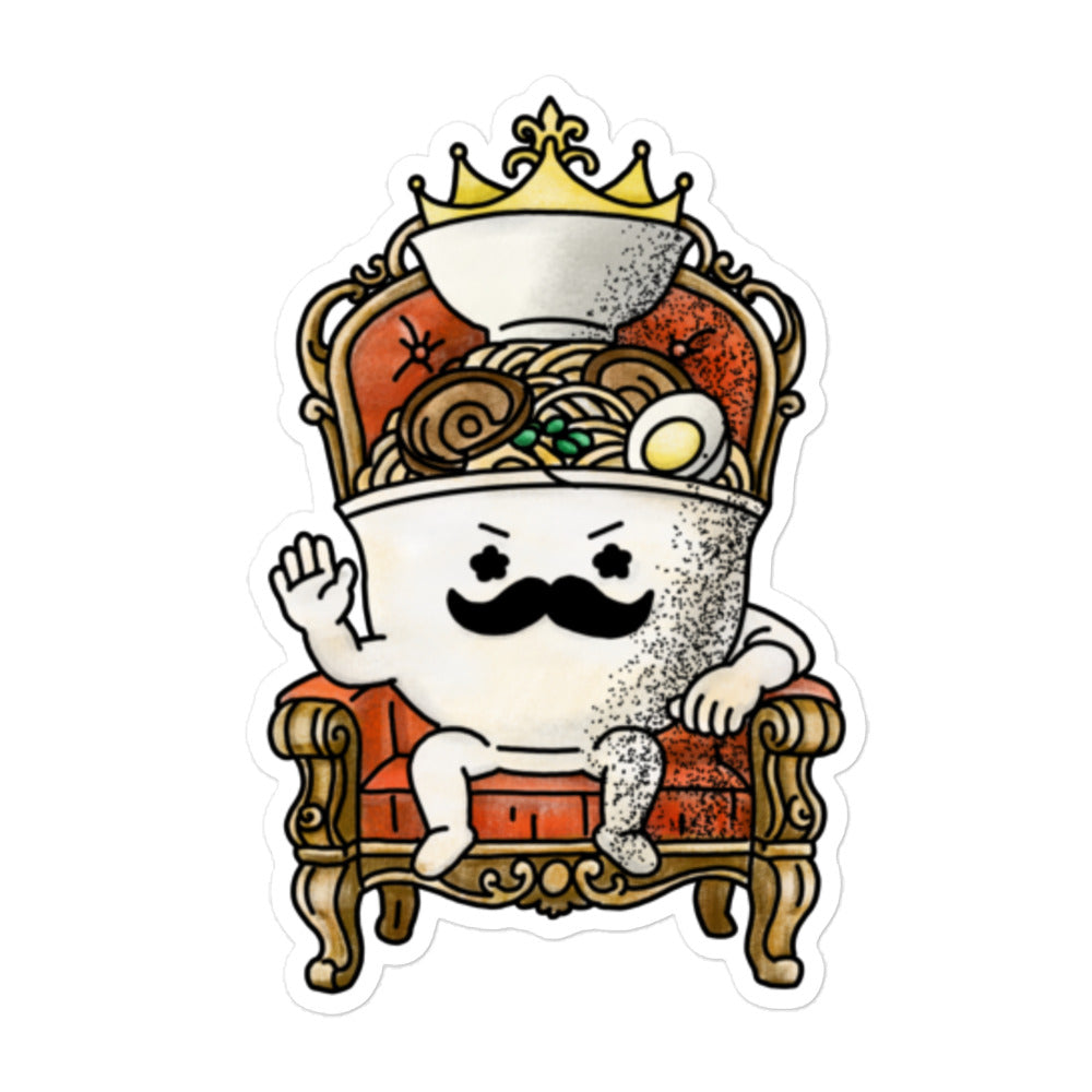 Ramen King sticker showing a ramen bowl character sitting on a royal throne inspired by Japanese ramen and playful food illustration