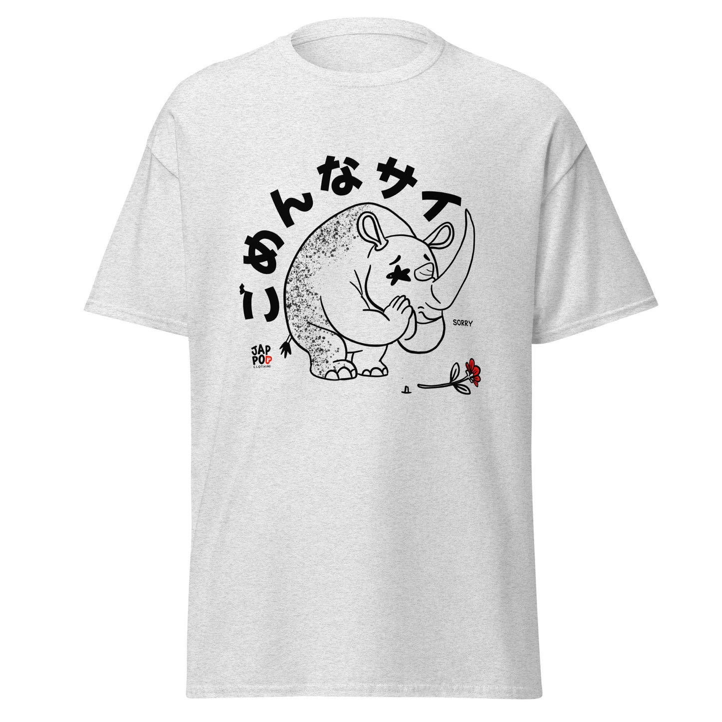 Unisex t-shirt featuring a playful rhinoceros saying sorry with a gentle expression.