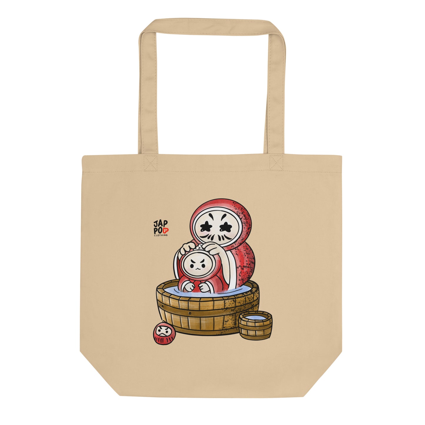 Eco tote bag featuring a cute Daruma family soaking in a bubbly bath.