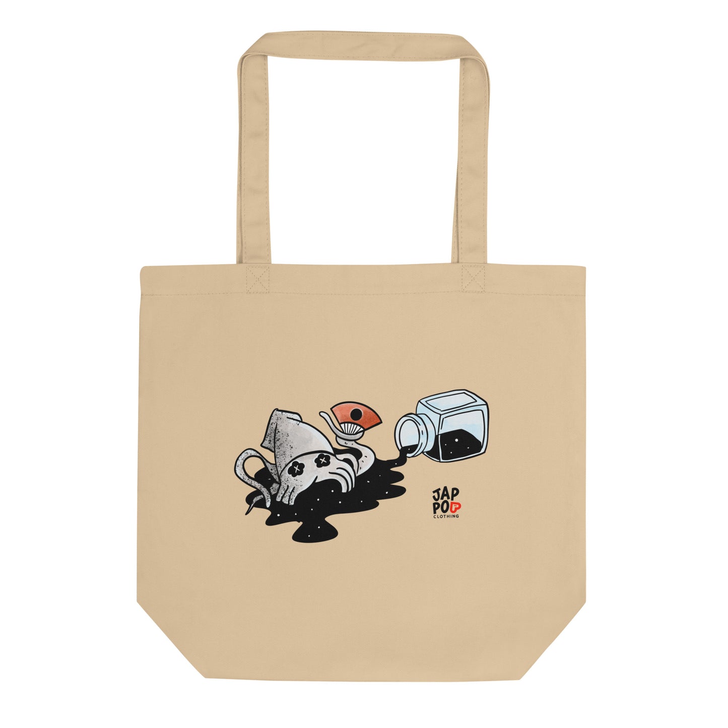 Eco tote bag featuring a bold illustration inspired by Japanese squid ink cuisine.