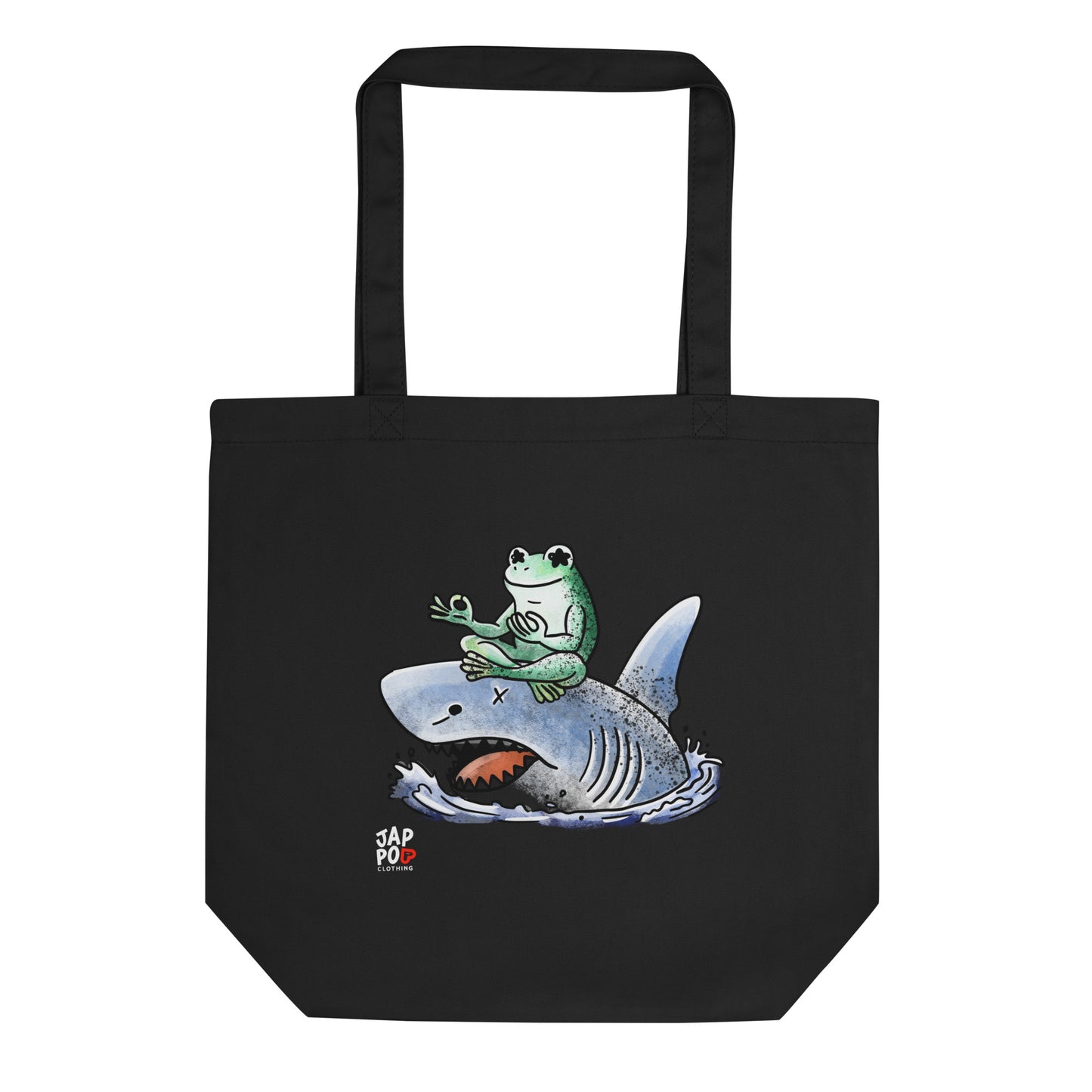 Eco tote bag featuring a frog meditating peacefully on a shark in a calm, balanced illustration.