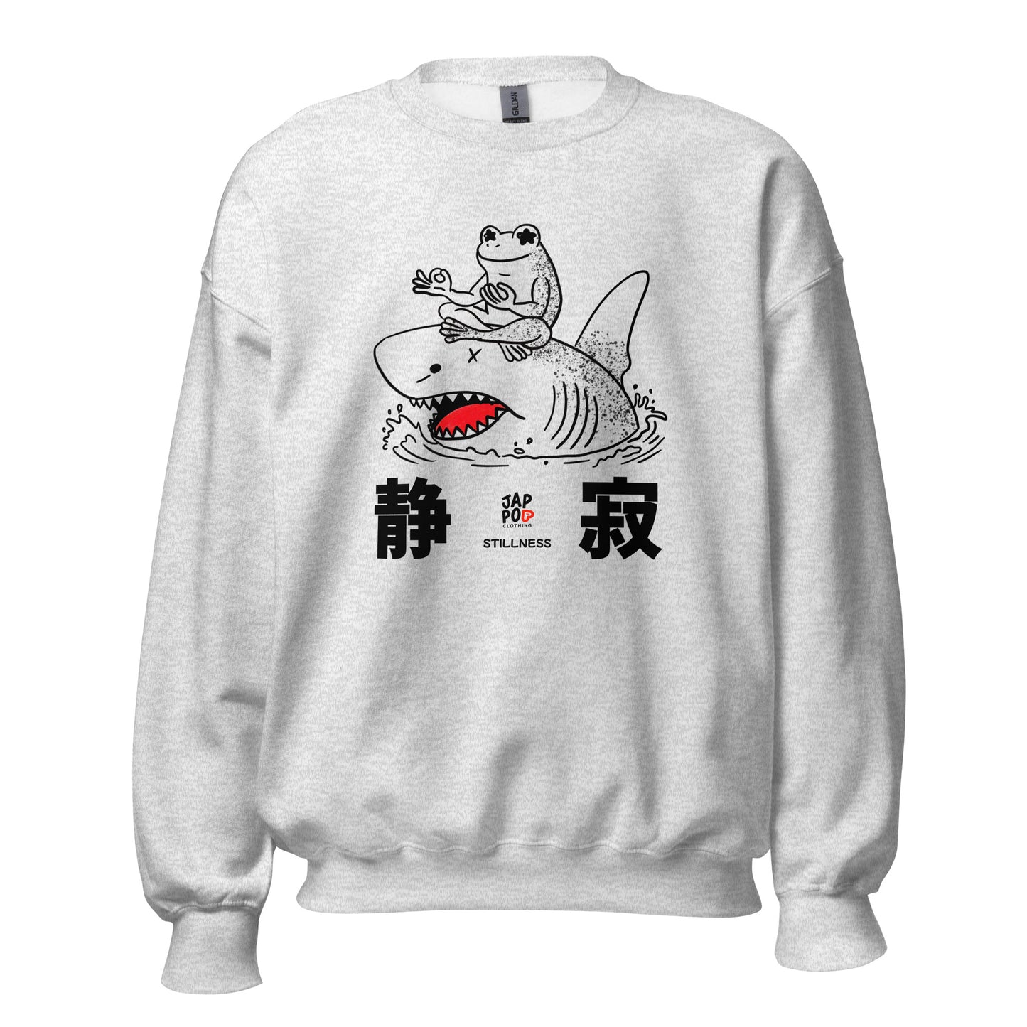 Unisex sweatshirt featuring a calm frog meditating on a shark, symbolizing stillness and balance.