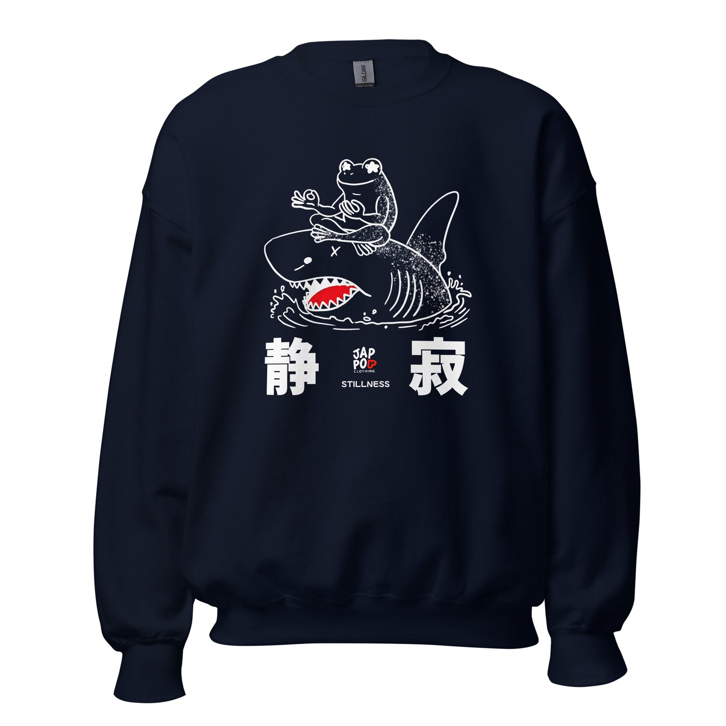 Unisex sweatshirt featuring a calm frog meditating on a shark, symbolizing stillness and balance.