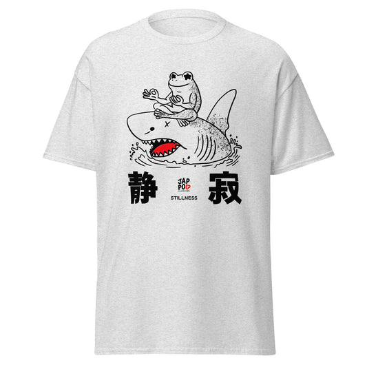 Unisex t-shirt featuring a frog meditating calmly on a shark in a symbolic illustration.