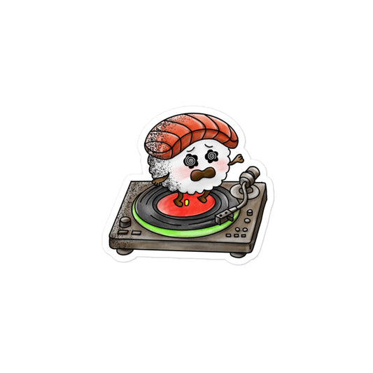 Playful JapPop sticker featuring a conveyor belt sushi illustration inspired by Japanese kaiten-zushi culture, with colorful plates and character-driven design.