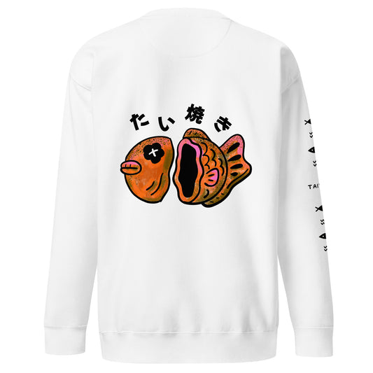 Graphic sweatshirt featuring a cute JapPop taiyaki illustration inspired by the Japanese fish-shaped street snack pastry, drawn in a playful kawaii style.