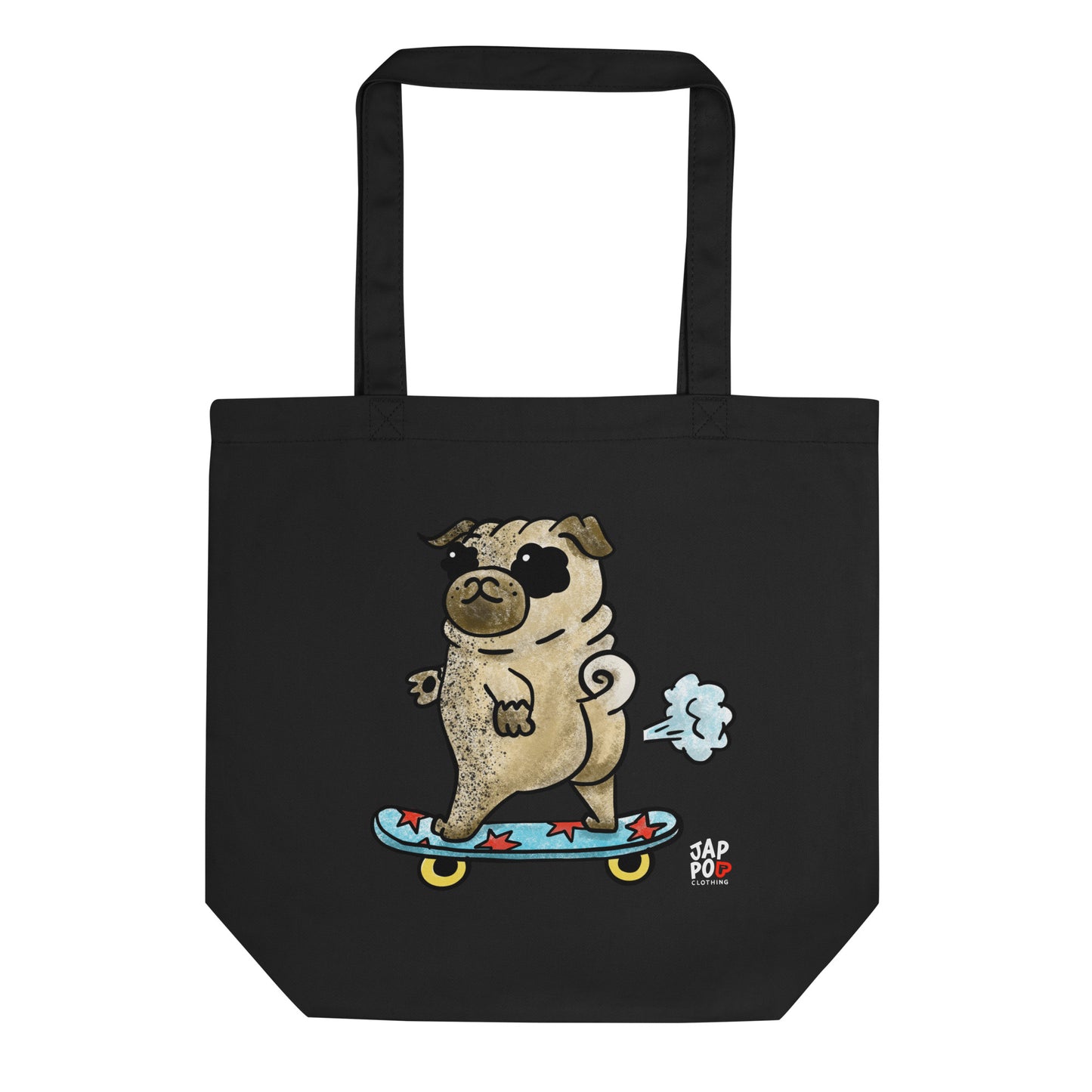 Eco tote bag featuring a playful dog skateboarding with cheerful energy.