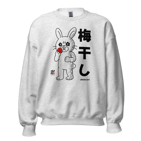 Unisex sweatshirt featuring a cute rabbit eating umeboshi and reacting to the sour taste.