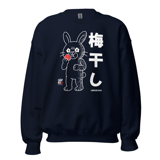 Unisex sweatshirt featuring a cute rabbit eating umeboshi and reacting to the sour taste.