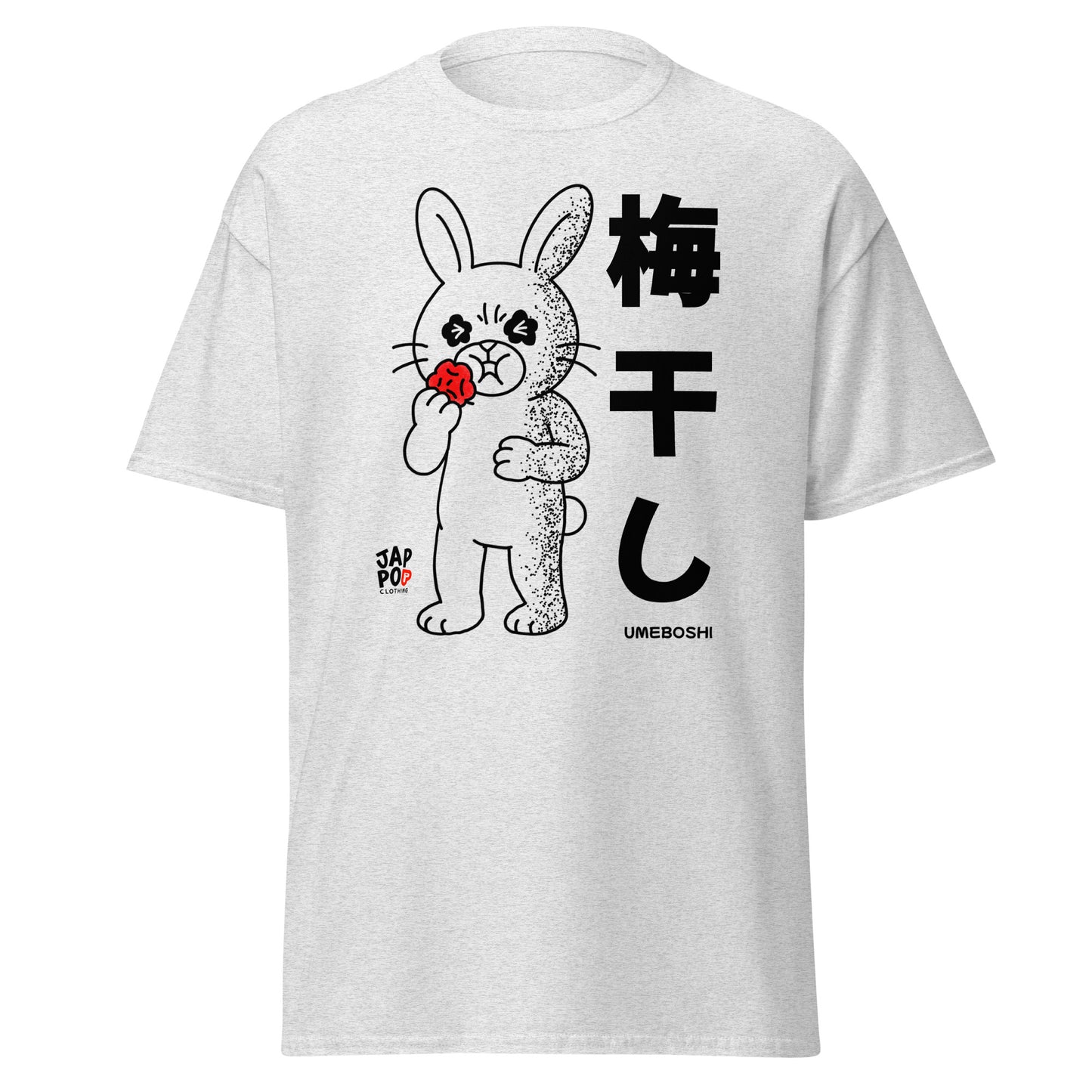 Unisex t-shirt featuring a cute rabbit making a sour face after eating umeboshi.