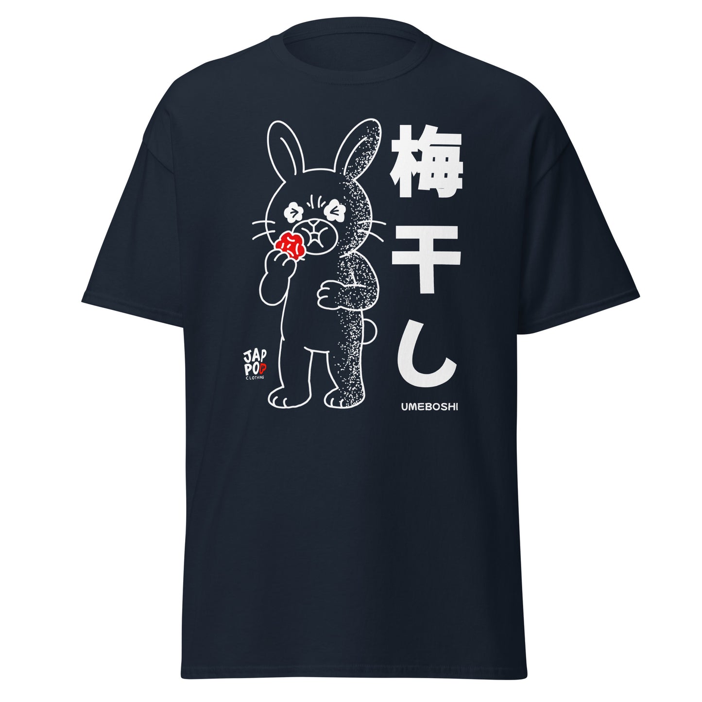Unisex t-shirt featuring a cute rabbit making a sour face after eating umeboshi.