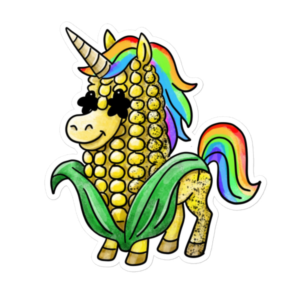 Unicorn corn sticker featuring a kawaii corn transformed into a rainbow unicorn inspired by Japanese wordplay and pop culture humor.
