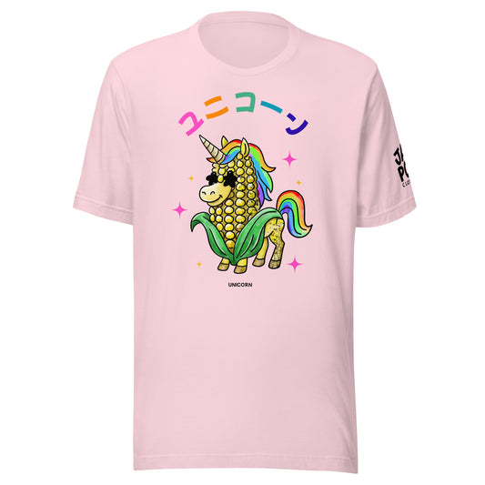 Unicorn corn wordplay graphic T-shirt featuring a corn transformed into a rainbow unicorn illustration inspired by Japanese language humor.
