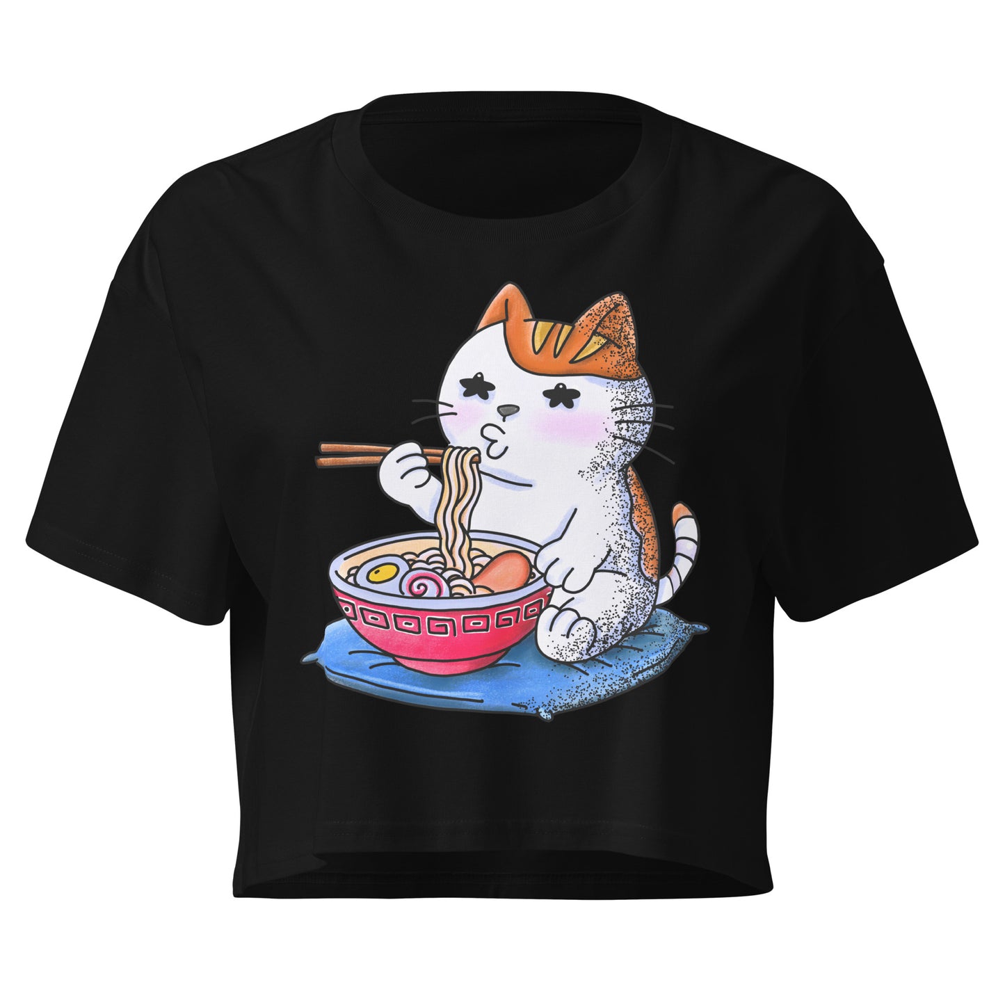 Japanese-inspired crop top featuring “Can’t Handle Hot Food” design based on nekojita (猫舌), with a playful illustration expressing sensitivity to hot food in a cute, minimalist style