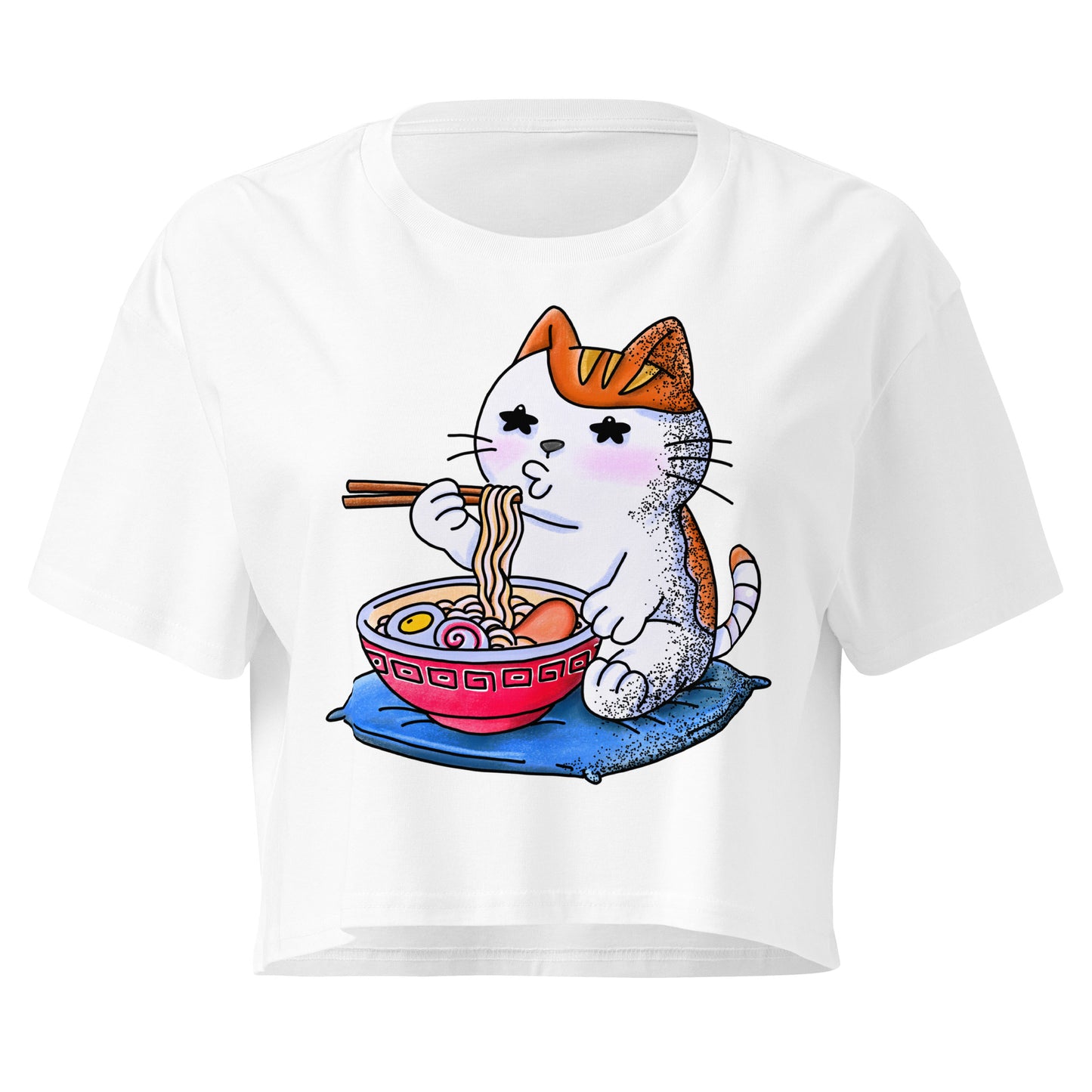 Japanese-inspired crop top featuring “Can’t Handle Hot Food” design based on nekojita (猫舌), with a playful illustration expressing sensitivity to hot food in a cute, minimalist style