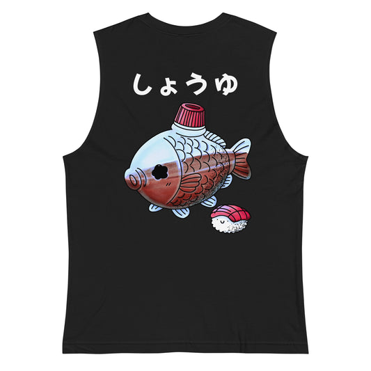 Fish-shaped soy sauce tank top featuring a cute Japanese bento soy sauce packet illustration in a playful JapPop style