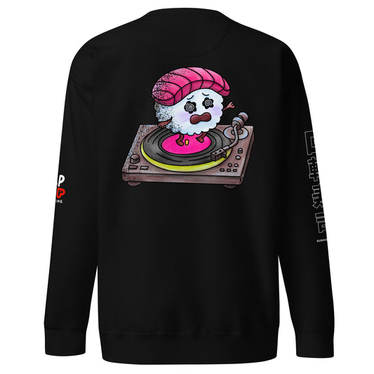 Graphic sweatshirt featuring a colorful sushi go round illustration with cute sushi pieces riding a conveyor belt in a playful Japanese-inspired pop art style.