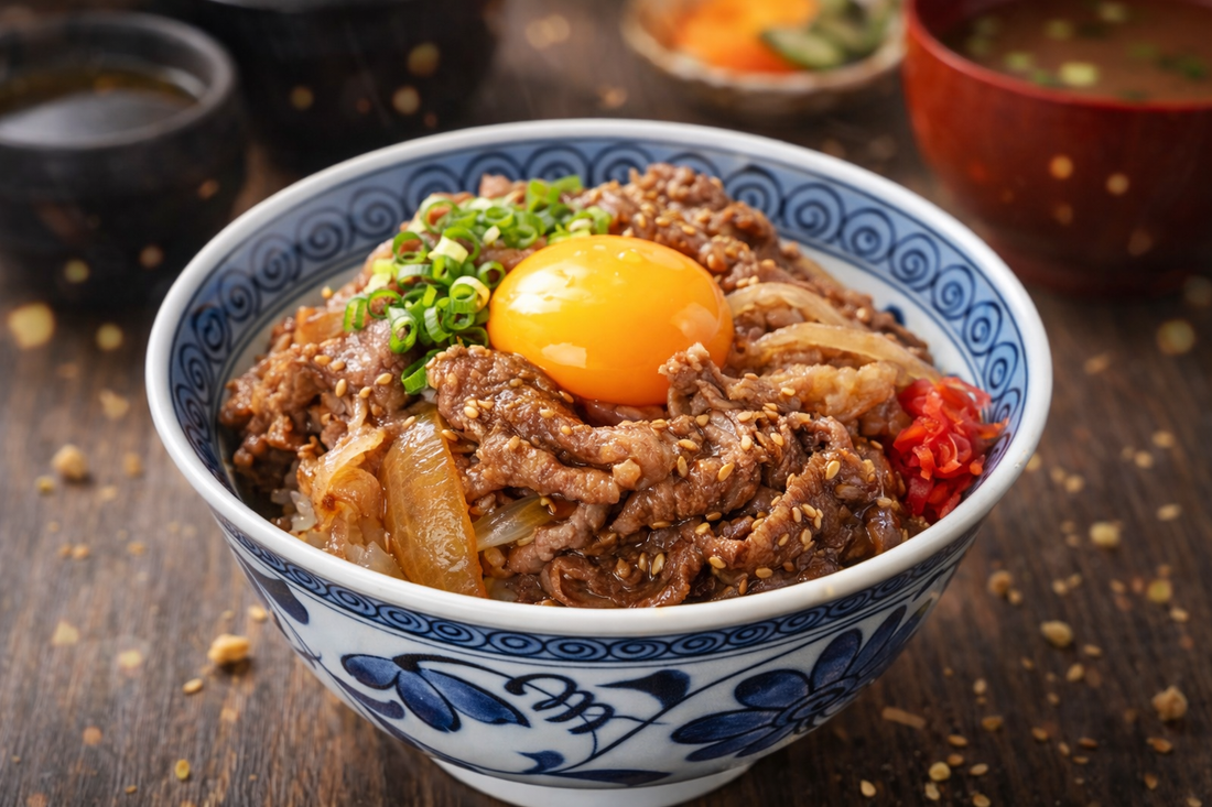 A bowl of Japanese gyudon featuring thinly sliced simmered beef and onions over rice, topped with a raw egg yolk, green onions, and sesame seeds in a traditional blue patterned bowl.