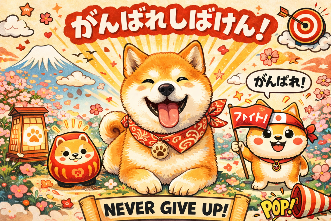 Cute cartoon illustration of a happy Shiba Inu with cherry blossoms, Mount Fuji, and a smaller cheering Shiba holding a flag in a colorful Japanese-inspired scene.