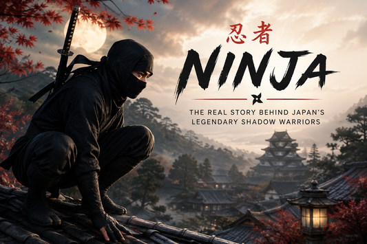 A Japanese ninja dressed in black overlooking a traditional Japanese castle, representing the history and legends of ninja and shinobi in Japan.