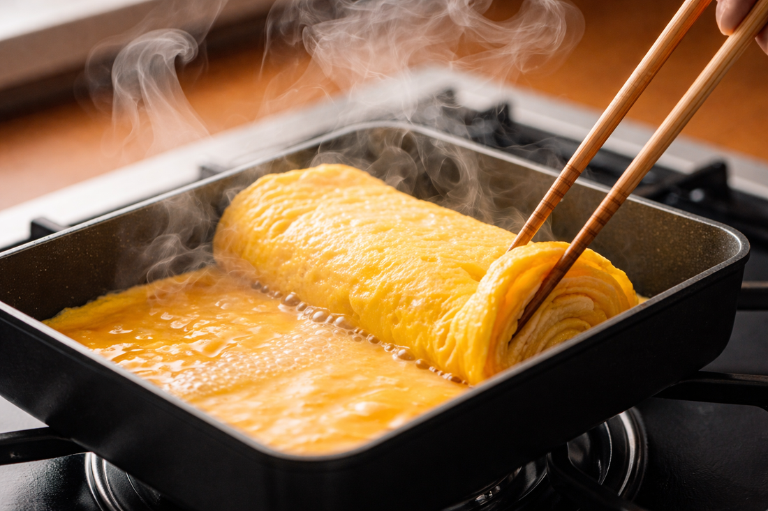 Tamagoyaki being carefully rolled with chopsticks in a rectangular pan, traditional Japanese omelette cooking with visible steam.