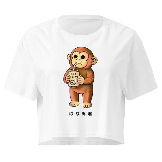 Cute Banami-kun crop top featuring a playful monkey drinking banana milk, JapPop character design on a soft cropped t-shirt