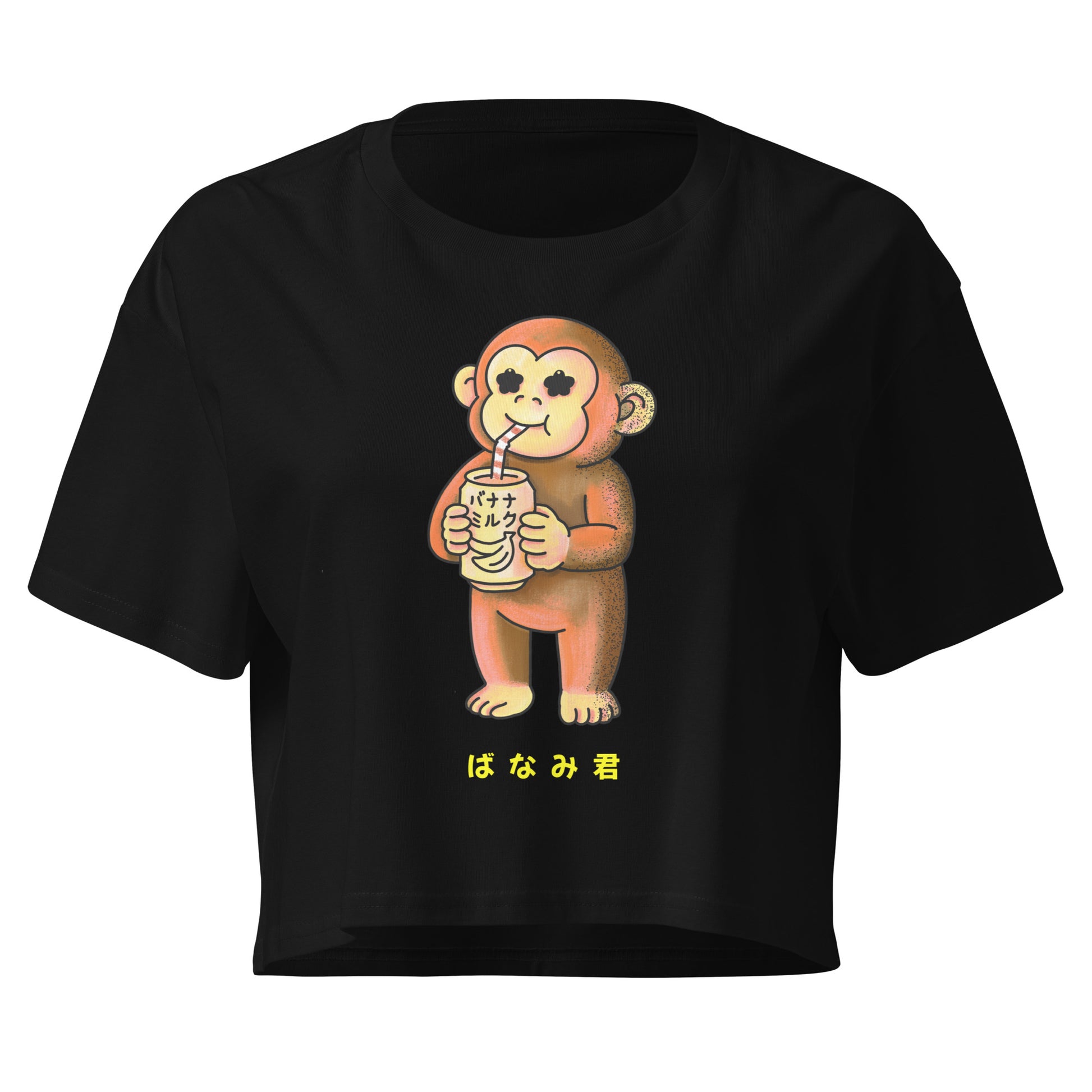 Cute Banami-kun crop top featuring a playful monkey drinking banana milk, JapPop character design on a soft cropped t-shirt