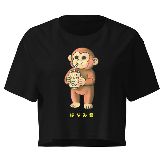 Cute Banami-kun crop top featuring a playful monkey drinking banana milk, JapPop character design on a soft cropped t-shirt