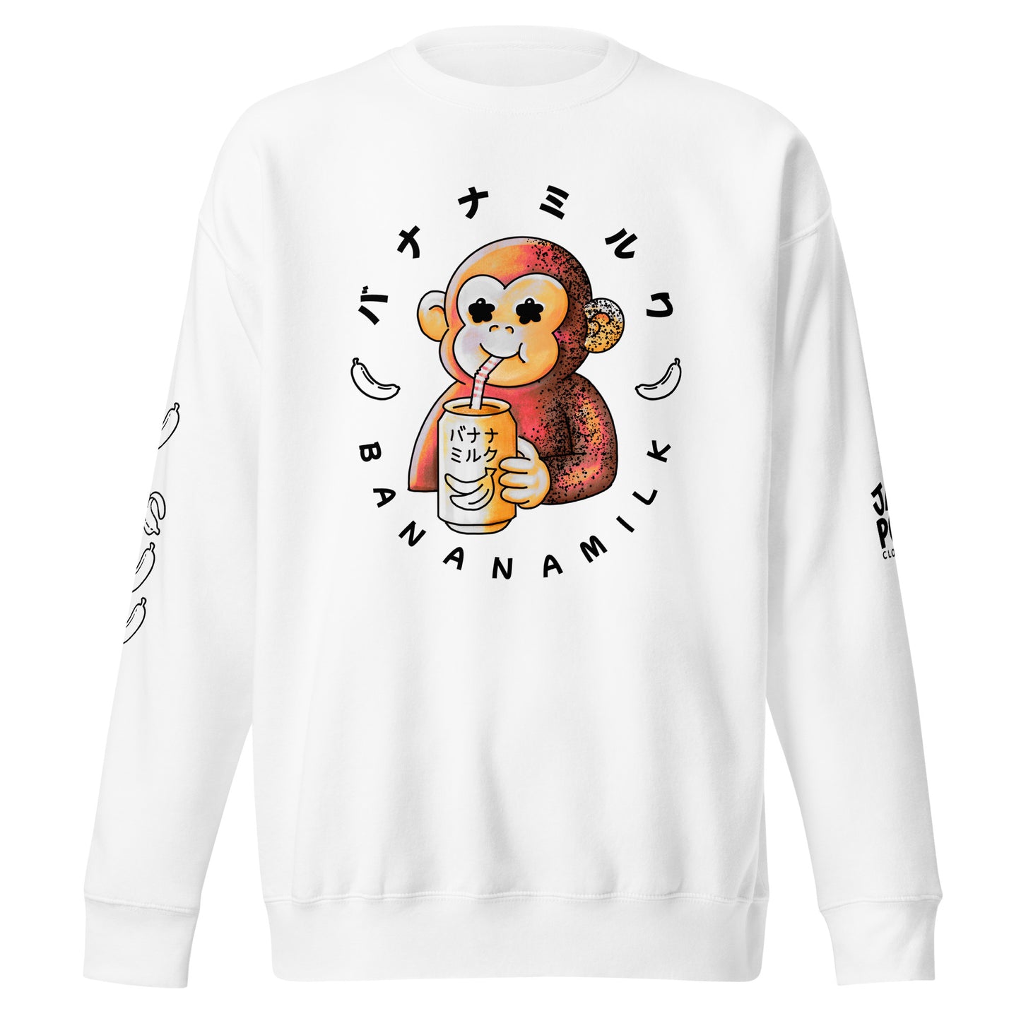 Sweatshirt featuring a cute monkey drinking banana milk in a playful JapPop style illustration.
