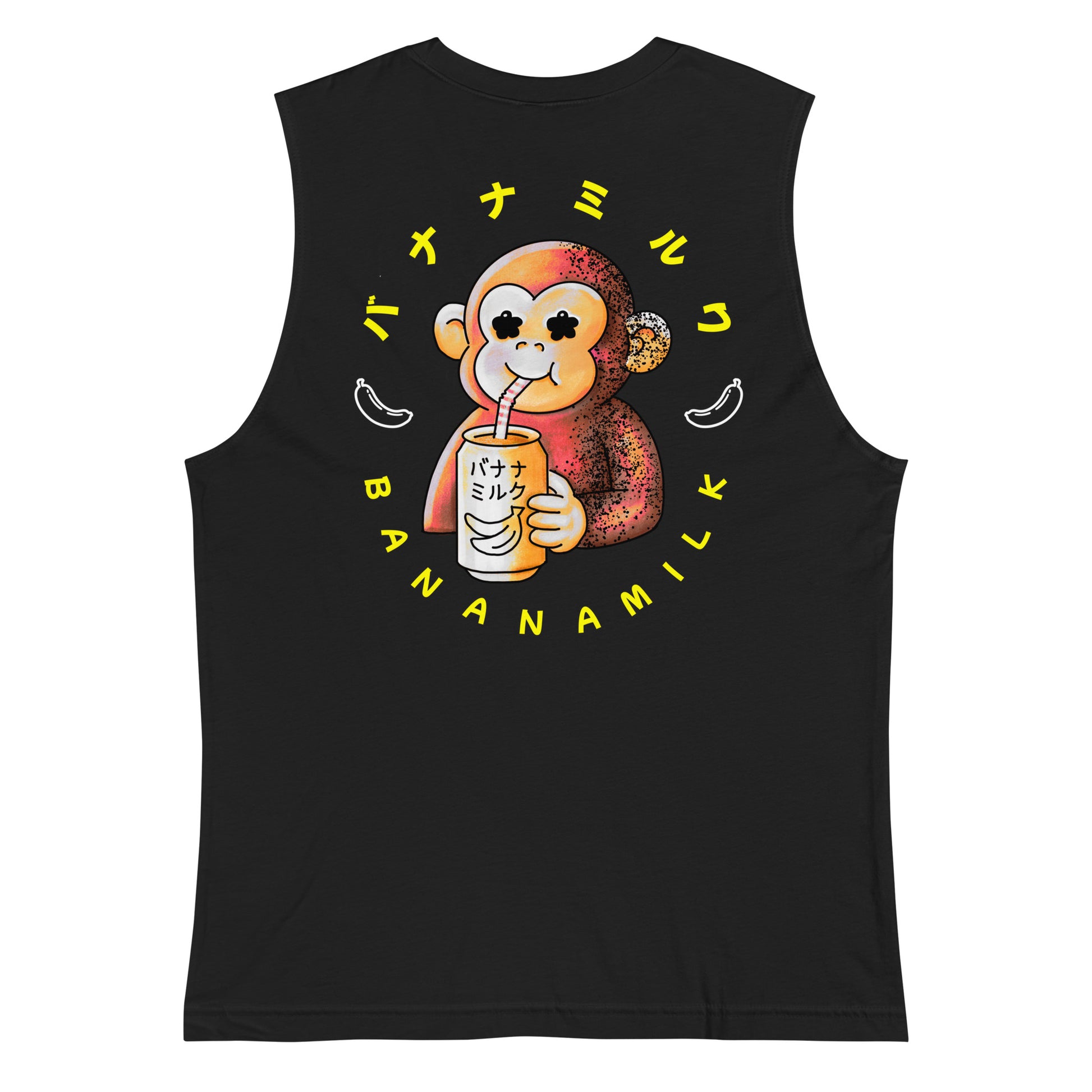 Tank top featuring a cute monkey drinking banana milk in a playful JapPop style illustration.