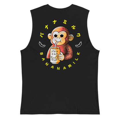 Tank top featuring a cute monkey drinking banana milk in a playful JapPop style illustration.