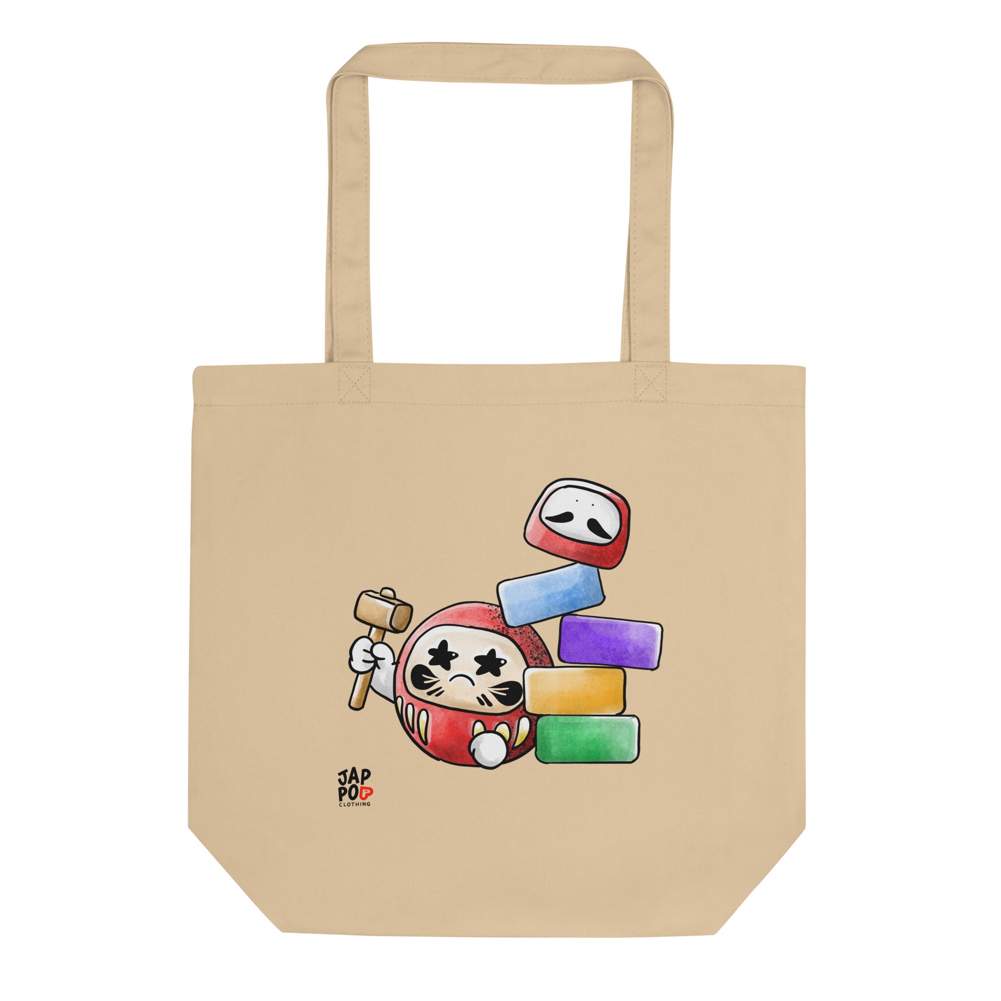 Eco tote bag featuring a bold illustration inspired by the Japanese game だるま落とし.
