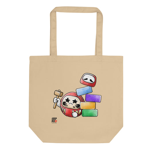 Eco tote bag featuring a bold illustration inspired by the Japanese game だるま落とし.